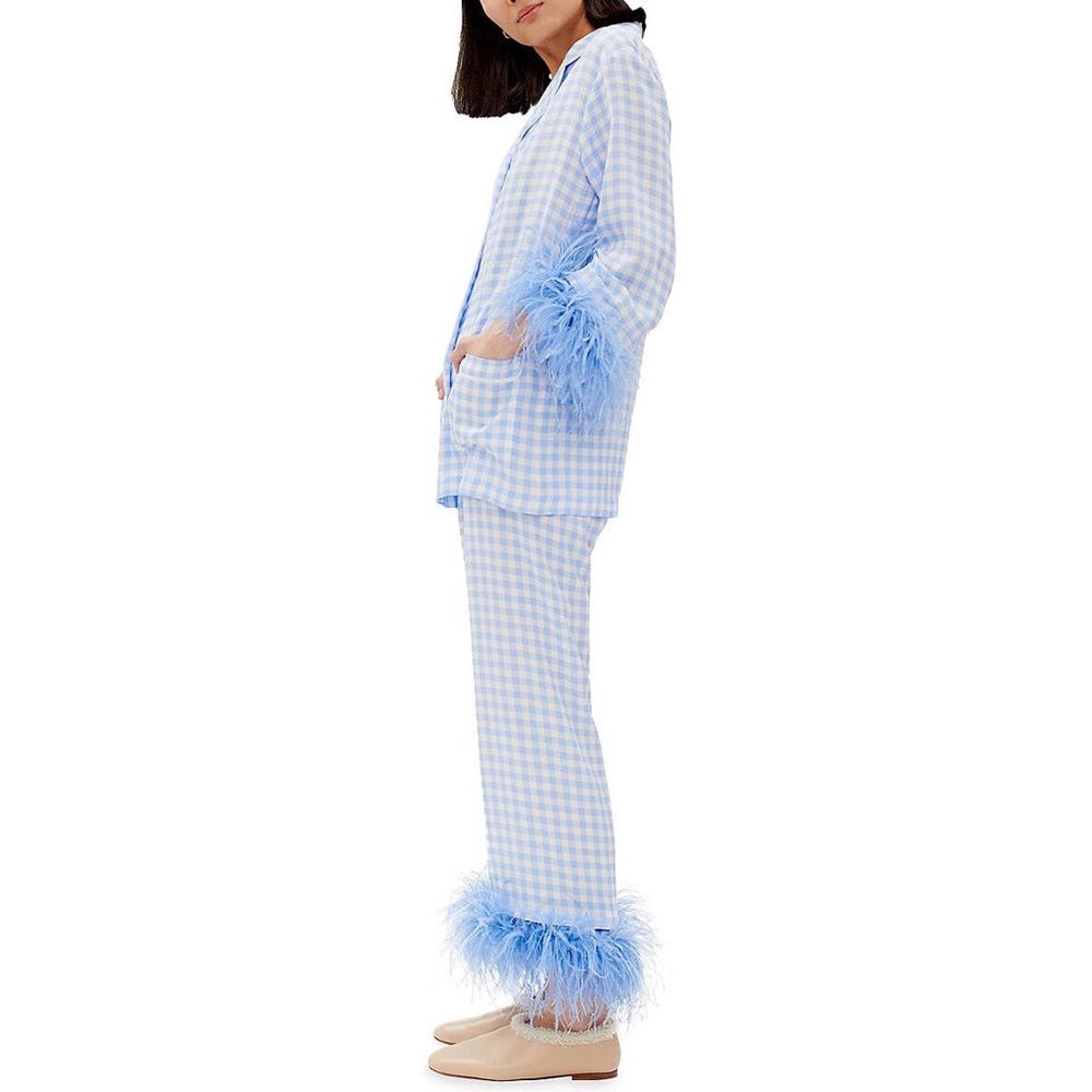 Sleeper Blue Gingham Pajama Set with Detachable Ostrich Feather cuffs